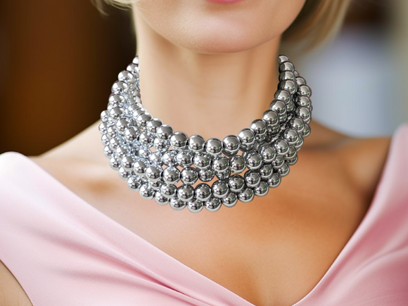 Shiny Silver Choker Big Beaded Acrylic Statement Necklace - Alana