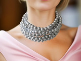 Shiny Silver Choker Big Beaded Acrylic Statement Necklace - Alana