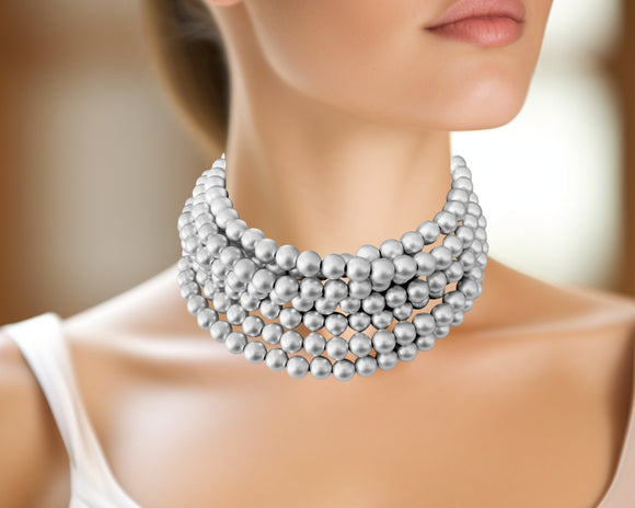 Silver Choker Matte Beaded Acrylic Chunky Multi Strand Statement Necklace - Alana