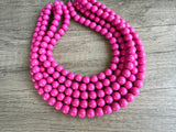 Bright Pink Acrylic Big Beaded Chunky Multi Strand Necklace - Alana