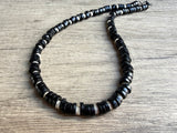 Black White Wood Beaded Mens Surfer Long Necklace - Dennis