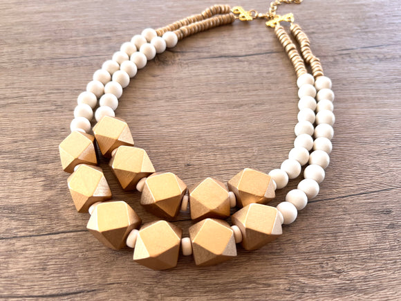 White Gold Statement Beaded Wood Chunky Multi Strand Necklace - Riley