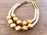 White Gold Statement Beaded Wood Chunky Multi Strand Necklace - Riley