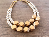 White Gold Statement Beaded Wood Chunky Multi Strand Necklace - Riley