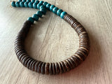Teal Brown Wood Long Beaded Statement Necklace - Elena