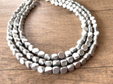 Silver Wood Beaded Chunky Multi Strand Statement Necklace - Lisa