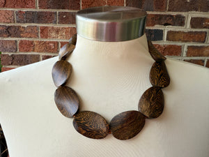 Brown Wood Beaded Boho Statement Chunky Multi Strand Necklace - Miranda