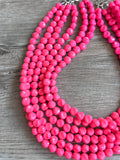 Hot Pink Beaded Statement Acrylic Chunky Lucite Multi Strand Necklace - Beth