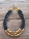 Gray Gold Beaded Multi Strand Wood Chunky Statement Necklace - Lisa