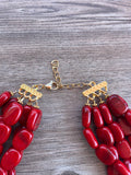 Red Beaded Lucite Big Chunky Multi Strand Statement Necklace - Lauren
