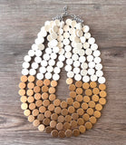 White Ivory Gold Wood Beaded Multi Strand Chunky Statement Necklace - Regan