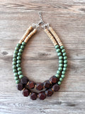 Brown Green Wood Chunky Multi Strand Bohemian Statement Necklace - Riley