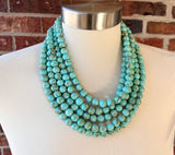 Green Turquoise Beaded Chunky Multi Strand Statement Necklace - Alana