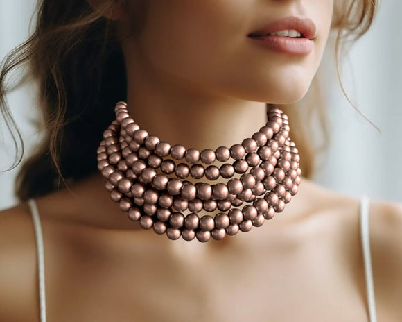 Bronze Choker Matte Beaded Acrylic Chunky Multi Strand Statement Necklace - Alana