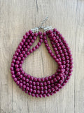 Dark Red Big Acrylic Beaded Chunky Multi Strand Necklace - Alana