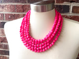 Hot Pink Beaded Statement Acrylic Chunky Multi Strand Necklace - Beth