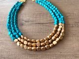 Turquoise Gold Statement Wood Beaded Multi Strand Chunky Bead Necklace - Lisa