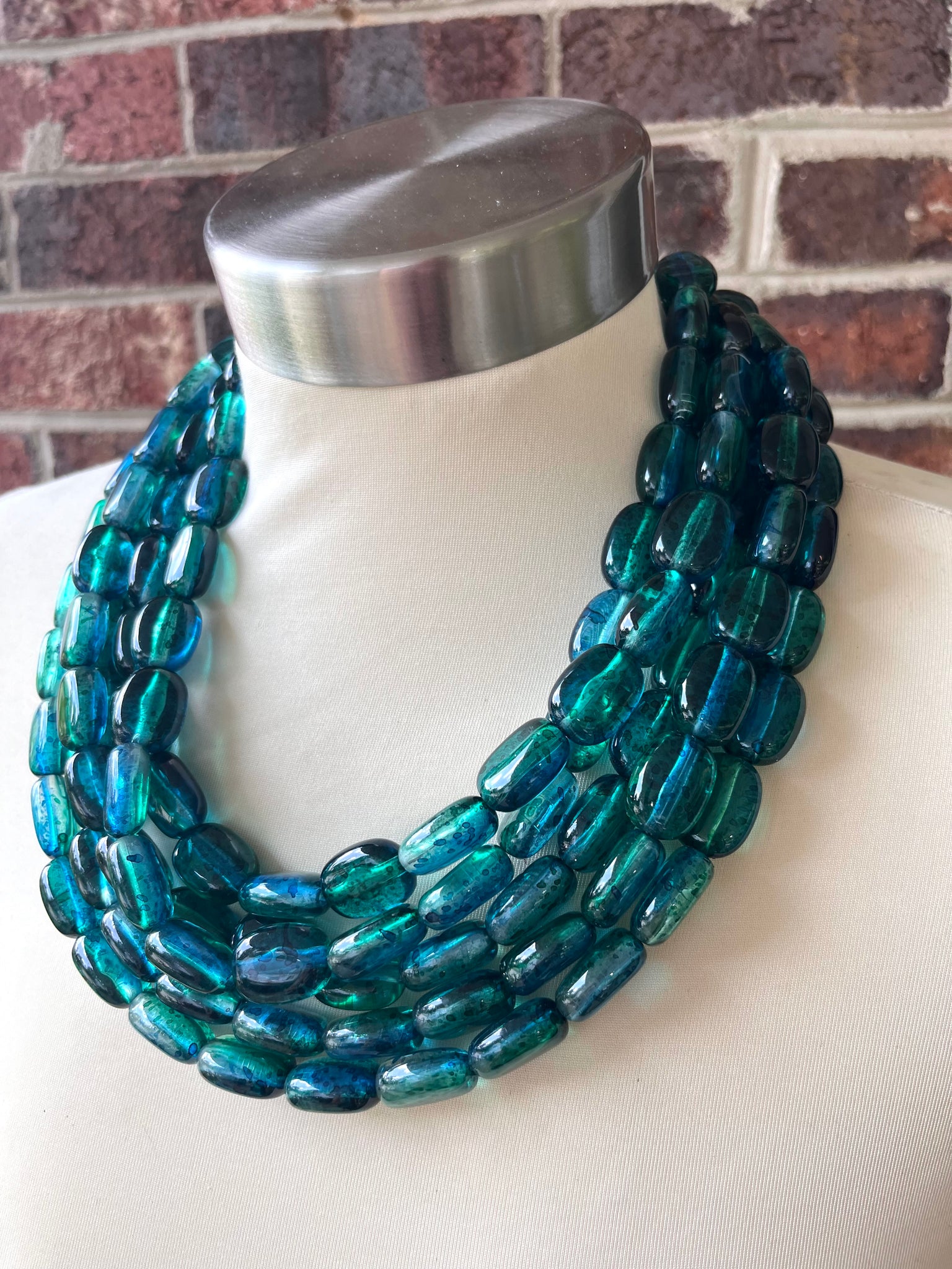 Teal Green Blue Beaded Lucite Chunky Multi Strand Statement Necklace Dana LeBlanc Designs