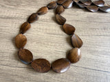 Brown Wood Beaded Long Boho Statement Necklace - Shelly