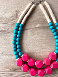 Hot Pink Turquoise White Statement Beaded Wood Chunky Multi Strand Necklace - Riley