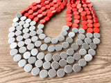 Orange Silver Wood Beaded Statement Chunky Multi Strand Necklace - Regan