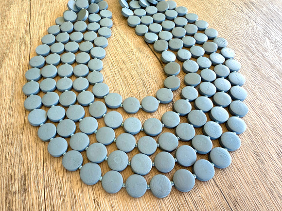Gray Blue Wood Bead Multi Strand Chunky Womens Statement Necklace - Charlotte