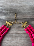 Hot Pink Gold Wood Beaded Chunky Multi Strand Statement Necklace - Lisa