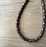 Gunmetal Brown Wood Metal Long Beaded Mens Necklace - Alphonso