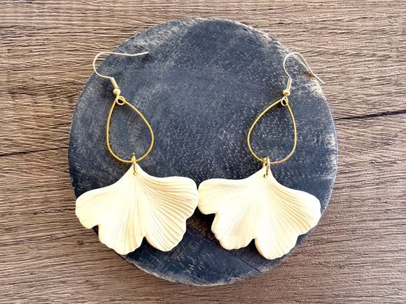 Cream Ivory Ginkgo Matte Leaf Petal Big Statement Earrings - Avery