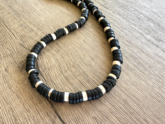 Black White Wood Beaded Mens Surfer Long Necklace - Dennis