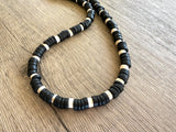 Black White Wood Beaded Mens Surfer Long Necklace - Dennis