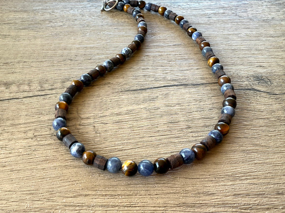 Mens Brown Blue Tigers Eye Wood Stone Beaded Mens Necklace - Sid