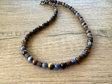 Mens Brown Blue Tigers Eye Wood Stone Beaded Mens Necklace - Sid