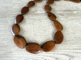 Brown Wood Beaded Long Chunky Boho Statement Necklace - Shelly