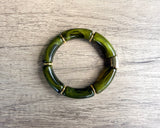 Green Brown Ivory Acrylic Bead Tube Stretch Womens Bracelet