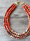 Orange Rose Gold Beaded Wood Multi Strand Chunky Boho Statement Necklace - Lisa