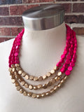 Hot Pink Gold Wood Beaded Chunky Multi Strand Statement Necklace - Lisa