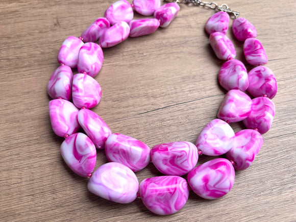 Pink White Lucite Beaded Multi Strand Chunky Statement Necklace - Pebbles