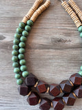 Brown Green Wood Chunky Multi Strand Bohemian Statement Necklace - Riley