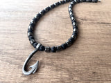 Mens Fishing Hook Beaded Necklace Pendant Stone Necklace - Angler