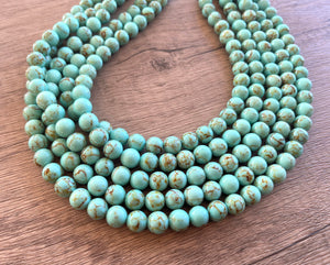 Green Turquoise Beaded Chunky Multi Strand Statement Necklace - Alana