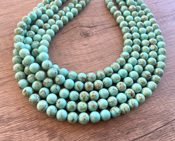 Green Turquoise Beaded Chunky Multi Strand Statement Necklace - Alana