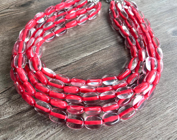 Clear Red Beaded Lucite Chunky Multi Strand Statement Necklace - Lauren