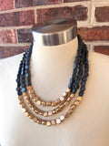 Gray Gold Beaded Multi Strand Wood Chunky Statement Necklace - Lisa