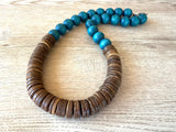 Teal Green Blue Brown Chunky Wood Long Boho Beaded Statement Necklace - Elena