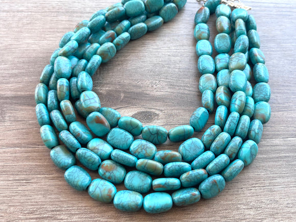 Turquoise Blue Green Lucite Acrylic Chunky Multi Strand Statement Necklace - Lauren