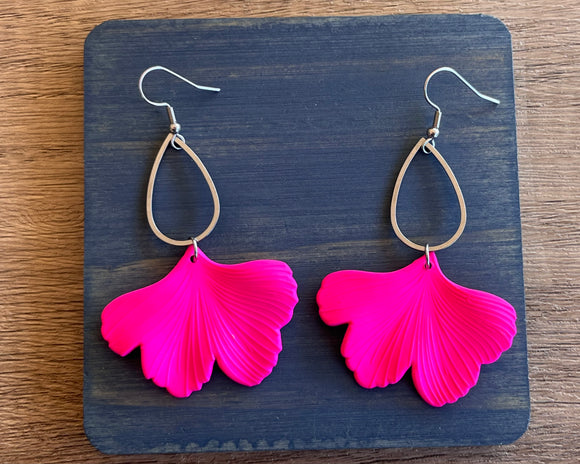 Hot Pink Ginkgo Matte Leaf Lucite Petal Silver Big Statement Earrings - Avery