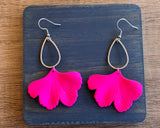 Hot Pink Ginkgo Matte Leaf Lucite Petal Silver Big Statement Earrings - Avery