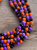 Orange Black Acrylic Beaded Halloween Multi Strand Statement Necklace - Wednesday