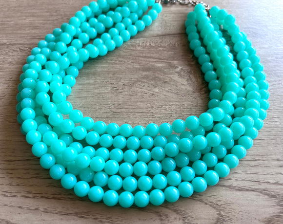 Aqua Blue Neon Acrylic Lucite Bead Chunky Multi Strand Statement Necklace - Alana